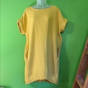 Eileen Fisher yellow cotton waffle weave tunic dress with pockets L large